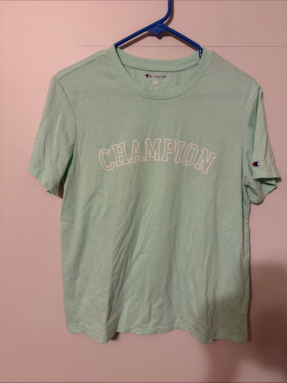 Champion Mint Green Short Sleeve Logo Tee. Med. Poly/cotton.
